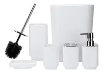 Comprar Set Completo De 6 Accesorios Para Baño De Plástico - Papelera Con Tapa, Cepillo Para Inodoro, Dispensador, Jabonera, Porta Cepillos Y Vaso - Blanco