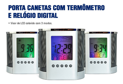 Porta Canetas Com Termometro Calendario E Display Colorido.