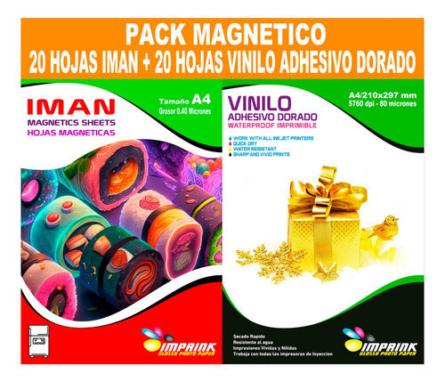 Pack 20 Hojas Iman 0,40mic + 20 Hojas Vinilo Dorado Metalico