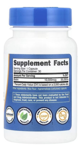 Nutricost Biotina Biotin Vitamina B7 10 Mg 30 Caps Sabor Sin Sabor