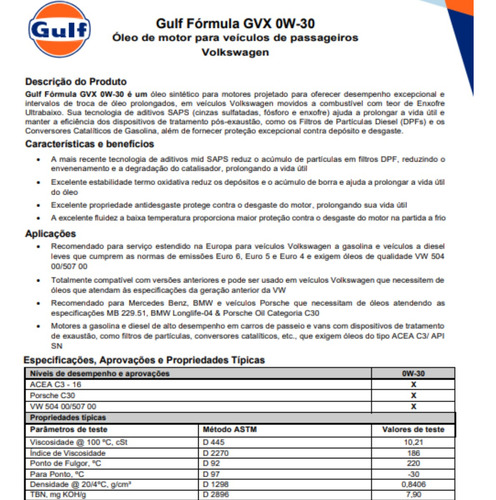 Kit 4 Óleo Para Motor 0w-30 Gulf Formula Gvx Sn 1 L