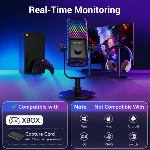 Micrófono Gaming Tonor Tcx3 Rgb Para Xbox, 30h Batería