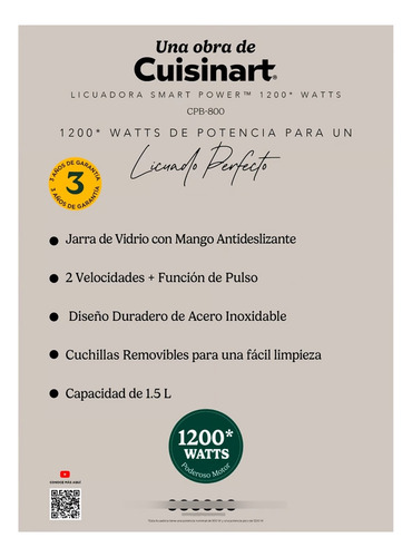 Licuadora Cuisinart 1.5l Smartpower 1200w Acero Inox, Vidrio