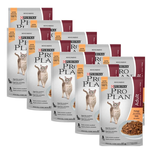 10 Sachê Ração Úmida Proplan Adulto Frango Para Gatos 85g