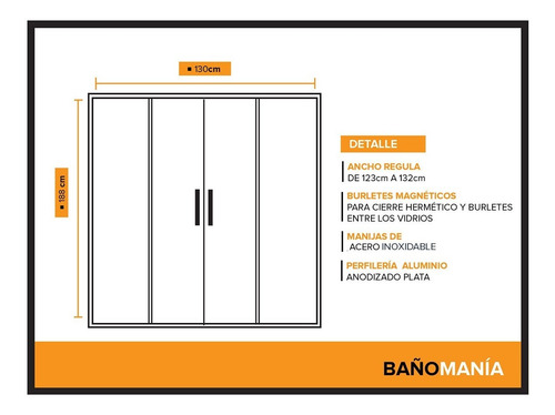Mampara Baño 4 Hojas Vidrio Incoloro Templado 130 X 190