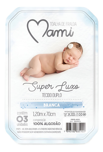 Toalha De Fralda Super Luxo Mami Branca 120x70cm Com 3 Un