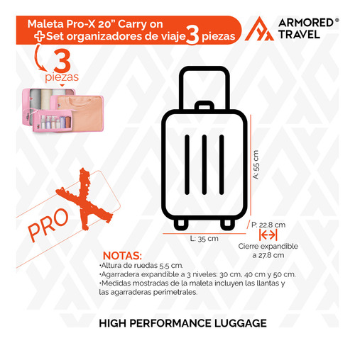 Maleta De Mano Carry-on 20 Cabina 10 Kg Pro-x Negro Dark Aleación Policarbonato Cierre Expandible Impresión Dual Candado Alta Seguridad Tsa Lock Con Set 3 Piezas Organizador Viaje Rosa Armored Travel