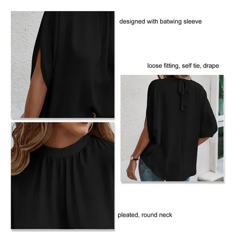 Women Top Loose Fitting Tie Back Short Sleeve Casual Batwing