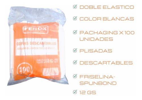 Cofias Descartables Plisadas Blancas Ferox X100 Uni.
