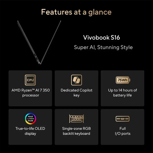 Asus Vivobook S16 16 3k Oled Ryzen Ai 7 350 24gb 1tb Ssd