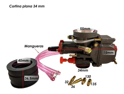 Imagen 5 de 7 de Kit Carburador Cortina Plana 34mm + Filtro Conico Bmb Gaona
