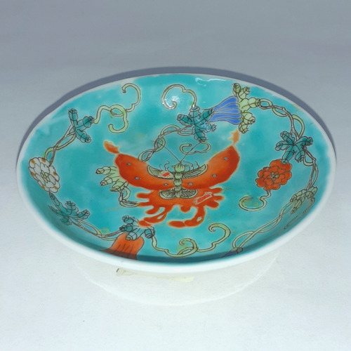 Plato Decorativo Oriental Fondo Turquesa Y Mariposa Naranja