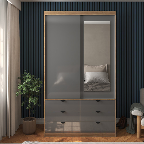 Guarda-roupa Solteiro Cinza Grafite Com Espelho, 2 Portas De Correr E 6 Gavetas 100% Mdf Design Industrial Moderno E Elegante Modelo: Gautama
