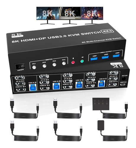 Kvm Switch 2 Displayport + Hdmi Usb3.0 Para 3 Monitores 4