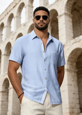 Camisas Linho Masculina Social Manga Curta Premium Moda Luxo Azul-claro Liso G