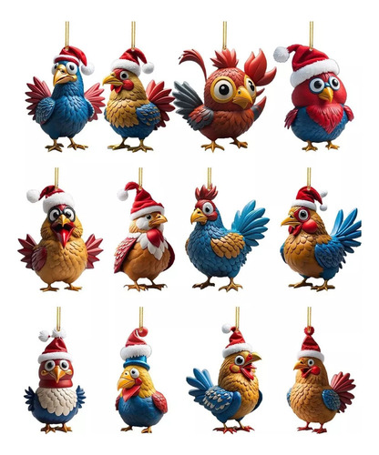 F 12 Adornos Navideños Para Colgante De Gallo Y Llavero
