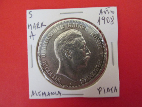 Antigua Moneda 5 Mark Imperio Aleman De Plata  1908