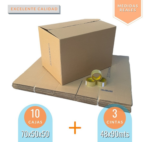 Kit Mudanza 10 Cajas Embalaje 70x50x50 + 3 Cintas 48x90 Mts