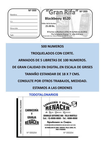 Rifas, Talonarios Numerados, Bonos Colaboracion