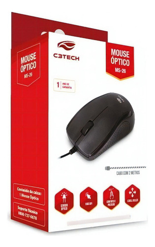 Mouse Usb Ms-26bk Preto C3tech Cabo 2m
