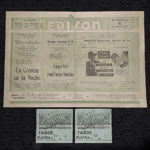 Programa Y 2 Ticket Entradas Cine Teatro Edison Año 1947 6ab