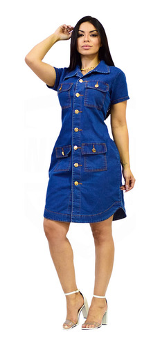 Vestido Chemise Midi Jeans Manga Curta 4 Bolsos Azul Escuro