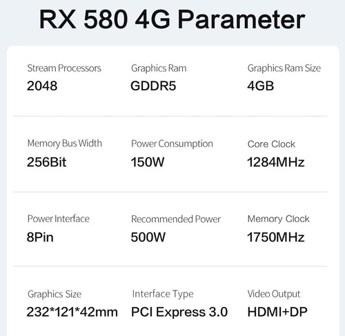 Amd Rx 580 Tarjeta Gráfica 4 Gb Gddr5 Rendimiento 80% De Gtx
