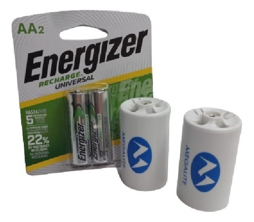 2 Adaptador Pila Aa A Grande D + 2pilas Aa Energizer Recarg.