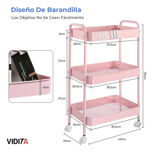 Carrito Organizador Metal 3 Niveles Ruedas Bloqueables Rosa Rosa