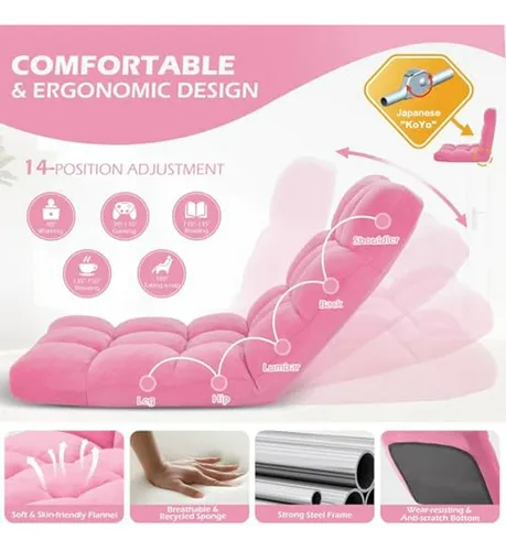 Sillón Plegable Ajustable Gamer 14 Posiciones Rosa Cómodo