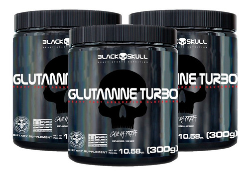 3x L-glutamine Glutamina 300g Cada Black Skull Caveira Preta