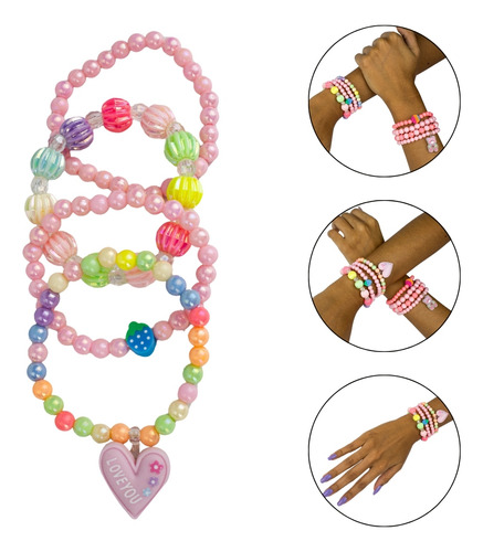 Kit 20 Pulseiras Infantil Pingente Miçanga Colorida Menina