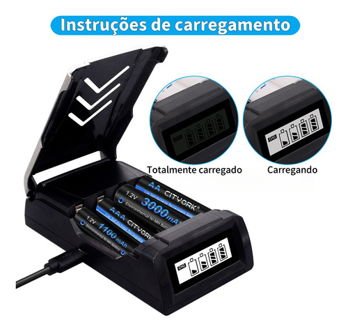Carregador E Pilhas Recarregável Aa De 1,2v Carga Rápido Lcd
