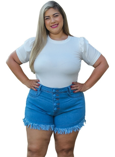 Short Jeans Desfiado Plus Size Feminino Curto Lycra Botões