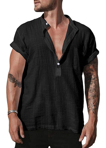 Camiseta De Hombre Camisa Con Cuello En V Algodón Lino Juven