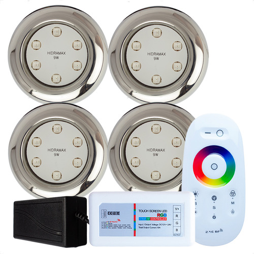 Kit Iluminação Piscina 4 Led 9w Rgb Inox E Comando E Fonte
