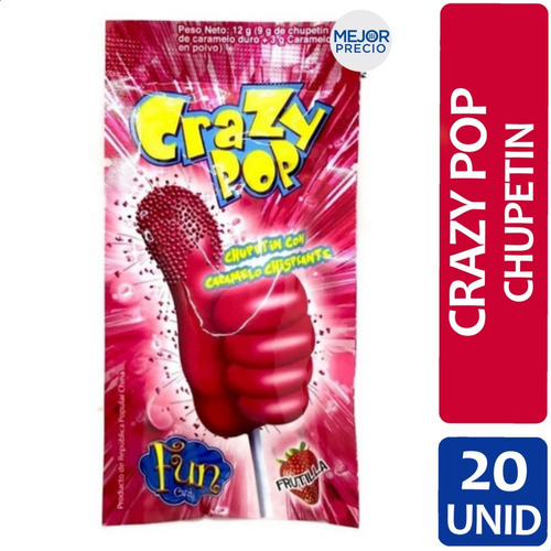 Chupetin Crazy Pop Con Caramelo Chispiando Frutilla X20 Unid