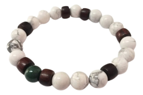 Pulsera Howlita, Crisoprasa Y Madera - Yoliztli Artesanal Color Blanco Diámetro 17 Cm Largo 17 Cm