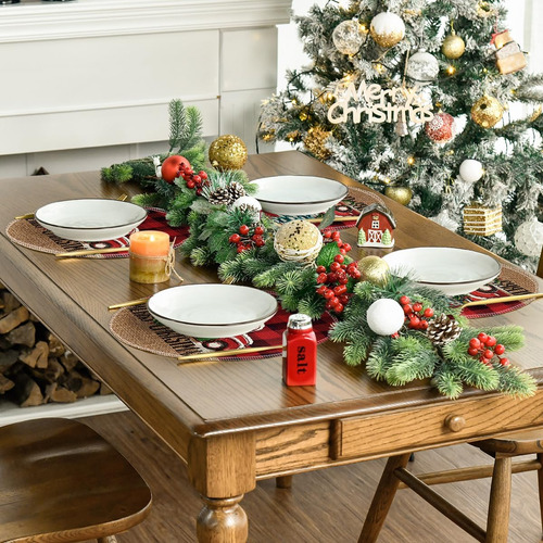Kit 4 Mantel Individual Redondo De Arbol De Navidad Coche Rojo Blanco Negro Verde Café Texto: Merry Christmas, Árbol De Navidad, Cuadros, Coche