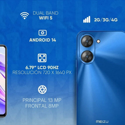 Celular Meizu Mblu 21, 4gb Ram, 64gb Almacenamiento, Dual Sim, Pantalla 6.79'', Conectividad 4g, Batería 4900 Mah, Pantalla 90hz, Cámara Principal 13mp, Cámara Frontal 8mp, Azul