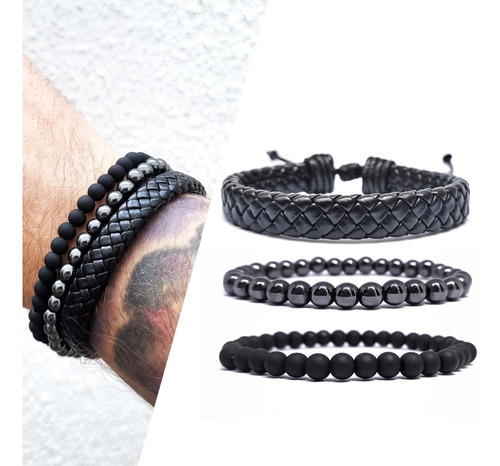 Kit 3 Pulseiras Masculinas Couro Ajustável Hematita Bolinhas