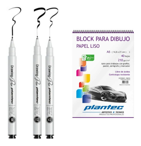 Kit 3 Estilografo Punta Bisel Pincel Brush Plantec Pen Block