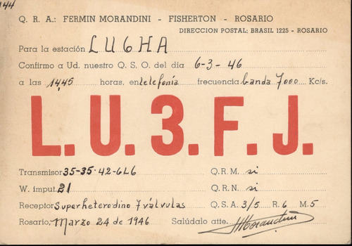 Tarjeta Qsl - De Lu3fj A Lu6ha (año 1946)
