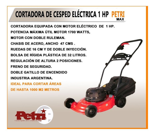 Cortadora De Cesped Petri 1 Hp Con Bolsa Chasis Grande