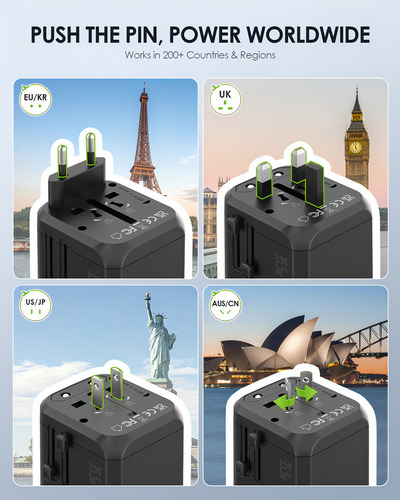Epicka Adaptador de Viaje Universal Adaptador Internacional de Enchufes Con Doble Toma de Corriente Ac 2 Usbc de Carga Rápida Pd 35w y 3 Usba Cargador de Pared Mundial Todo en uno Ta205 Negro 127V