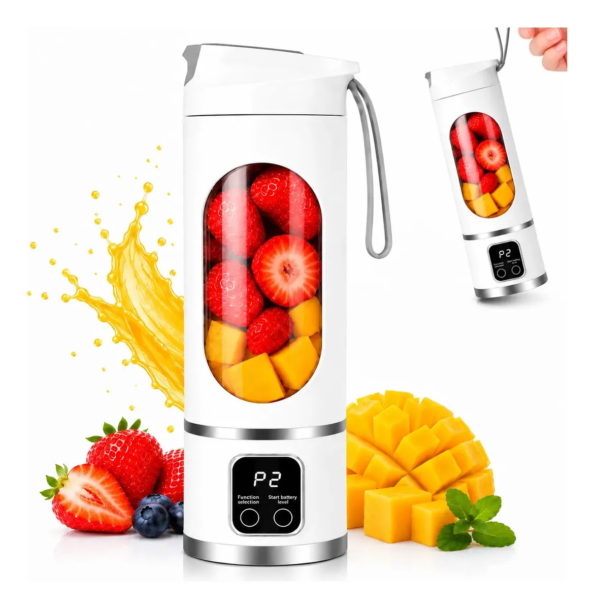 Mini Liquidificador Portátil USB 450ml com Visor Digital e Timer, Para Smoothies e Shakes Branco