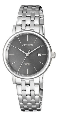 Reloj Citizen Q Pm,date Ac-ac,cara Gris Eu6090-54h Color de la correa Plateado Color del bisel Plateado Color del fondo Negro