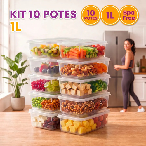 Kit 10 Potes 1 Litro Transparente Marmita Fitness Bpa Free Tampa Hermética Reutilizável Micro E Freezer ponte lar utilidades
