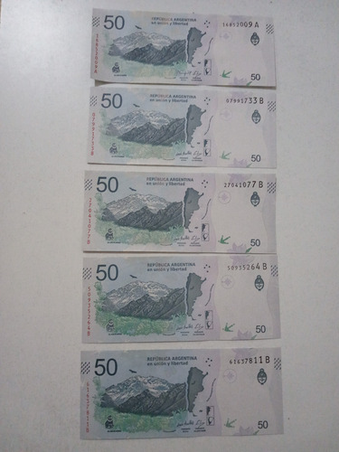 Lote 5 Billetes $50 Cóndor Andino Exc+ (serie A + 4 Seríe B)