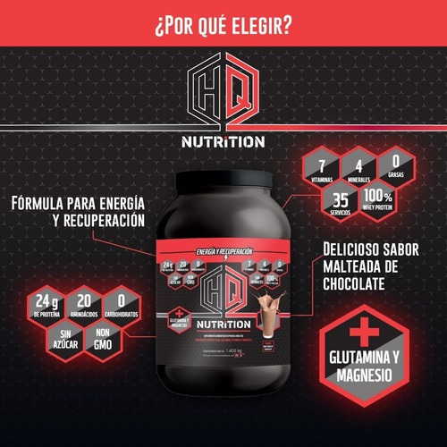 Imagen 2 de 6 de Proteina HQ Nutrition zero carbs sabor malteada de chocolate 1.4 kg